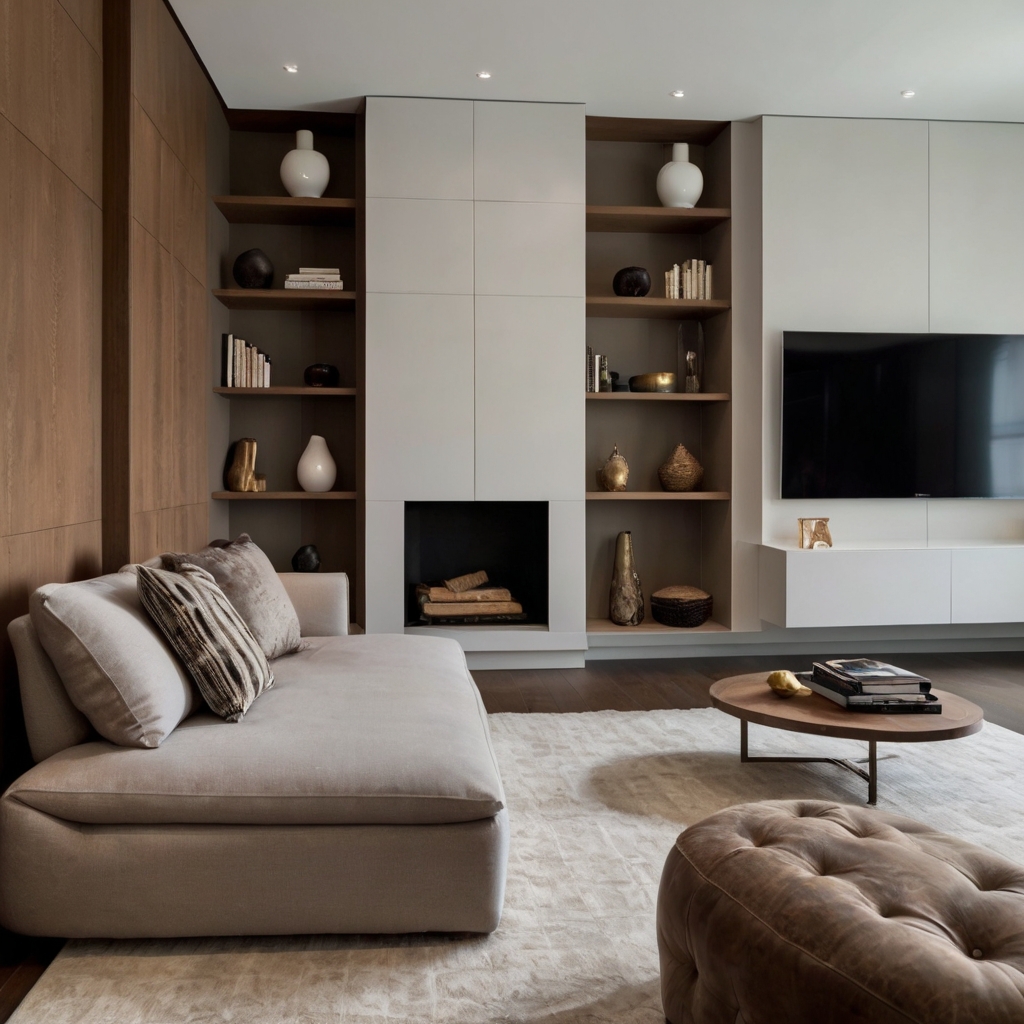 Minimalist built-in shelves offer stylish storage in a modern living room. Warm lighting highlights curated books and sculptural decor pieces.