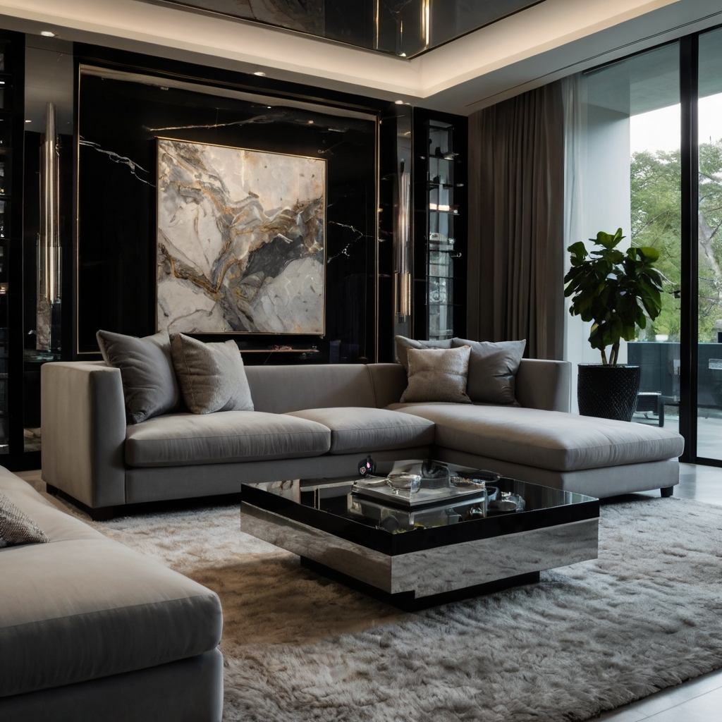 A grey sectional with a glass coffee table and metallic accents oozes modernity. High-gloss surfaces reflect ambient light for a polished look.