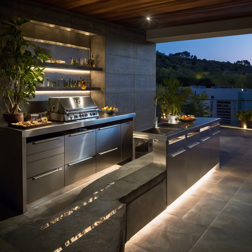 A modern outdoor kitchen with stainless steel counters, a state-of-the-art grill, and polished concrete floors. Ideal for contemporary outdoor living.