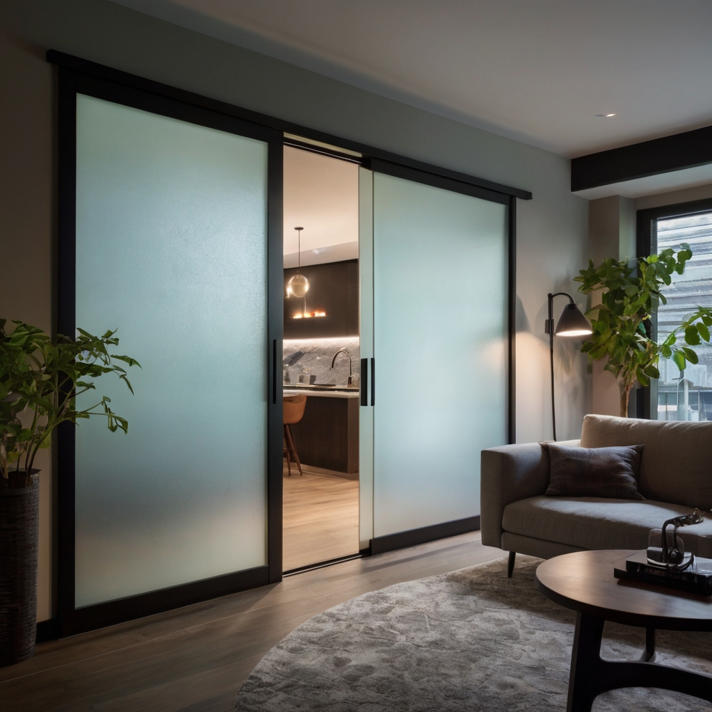 A stylish small apartment with a space-saving frosted glass sliding door. Recessed lighting highlights the smooth and minimalistic design.