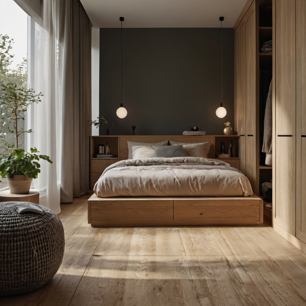 A compact bedroom with smart storage solutions and a built-in bed frame. A strategically placed mirror reflects light, making the space feel larger.
