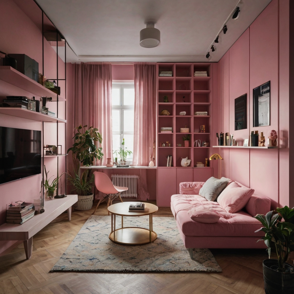 A compact pink couch in a stylish studio with multifunctional furniture. Bright lighting maximizes space and openness.