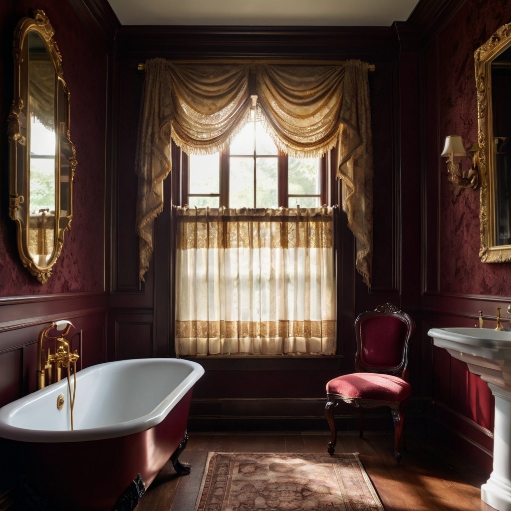 A compact yet elegant Victorian bathroom with gold-trimmed fixtures and wainscoting. Soft lace curtains filter sunlight, creating a regal yet cozy ambiance.