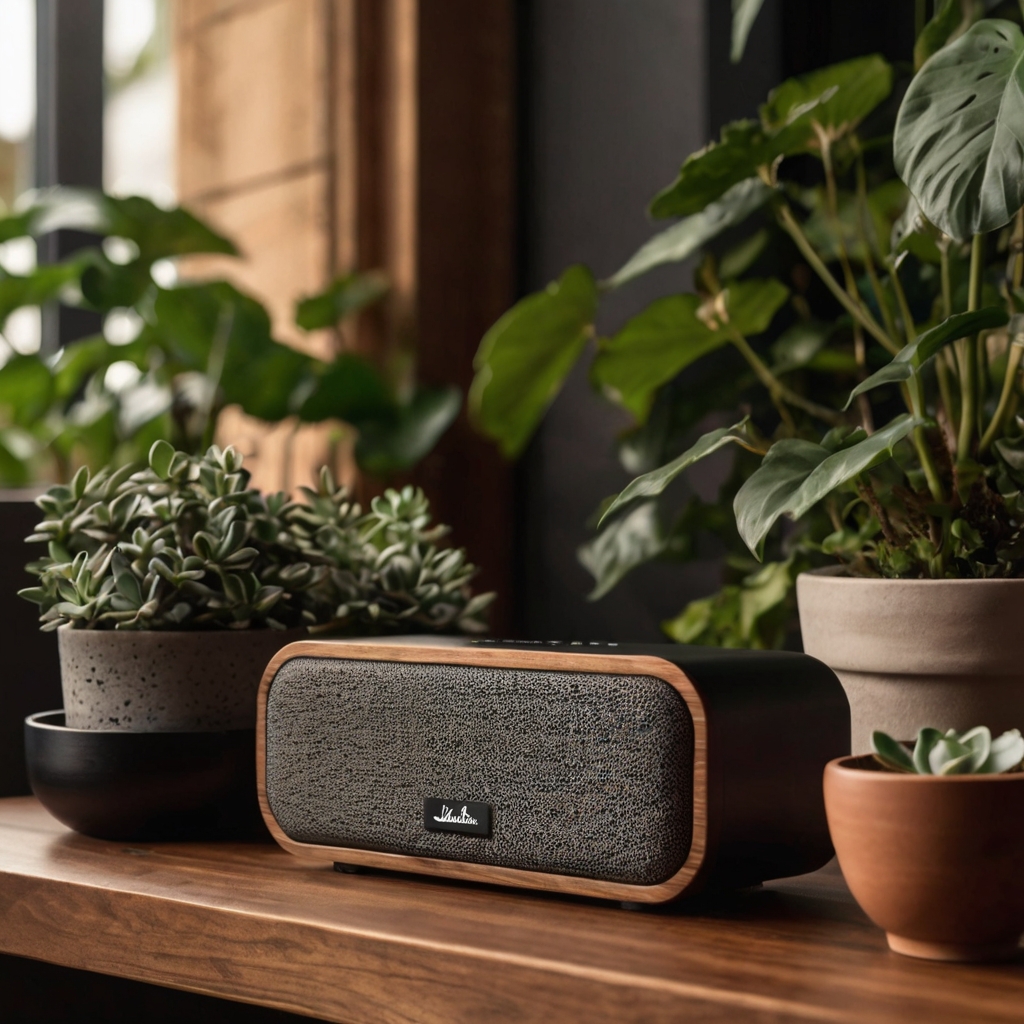 A stylish outdoor music setup with a compact speaker on a wooden shelf. Warm lighting and cozy textiles create a soothing, immersive listening experience.