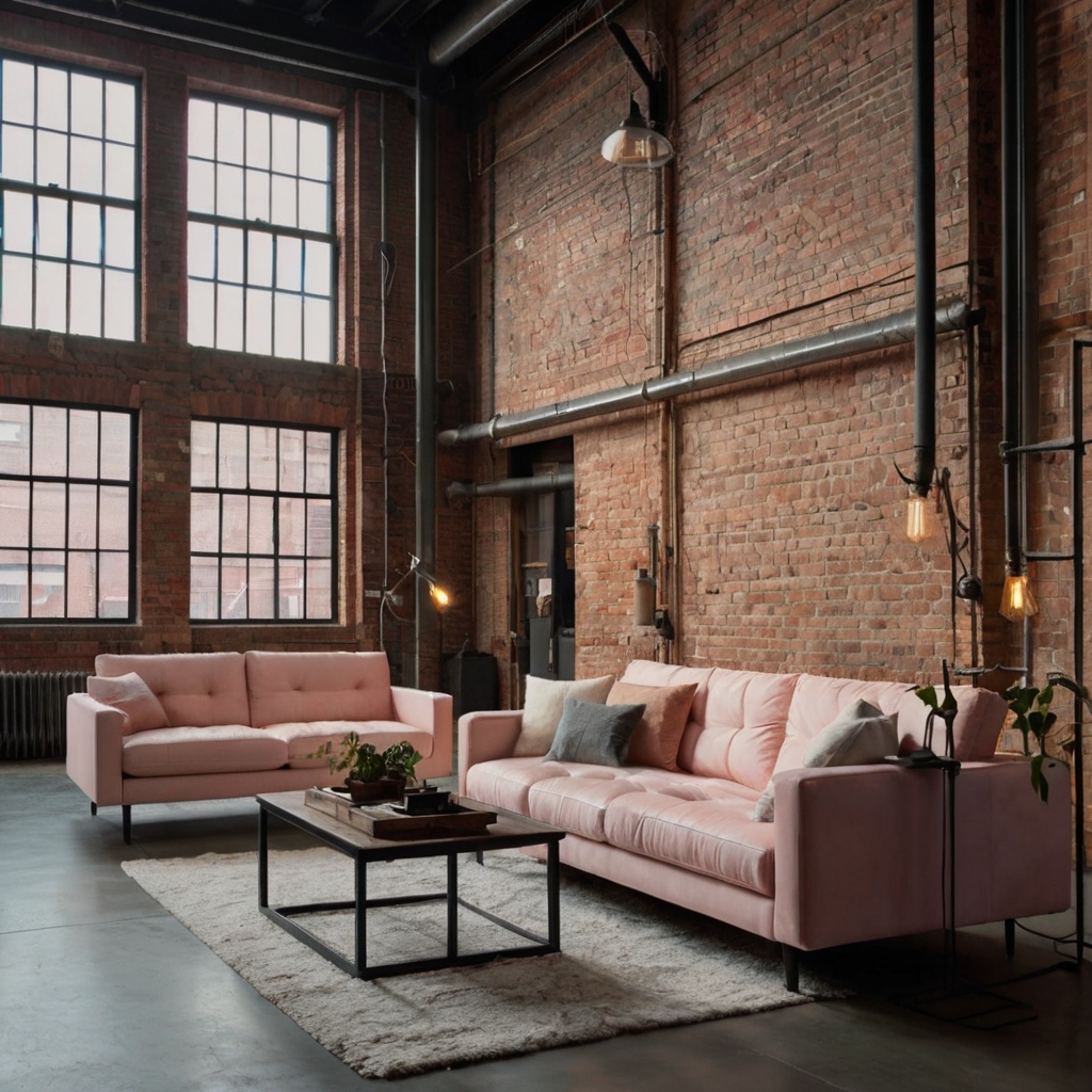 A pastel pink couch contrasts with exposed brick walls and steel fixtures. Sunlight streams through large loft windows.