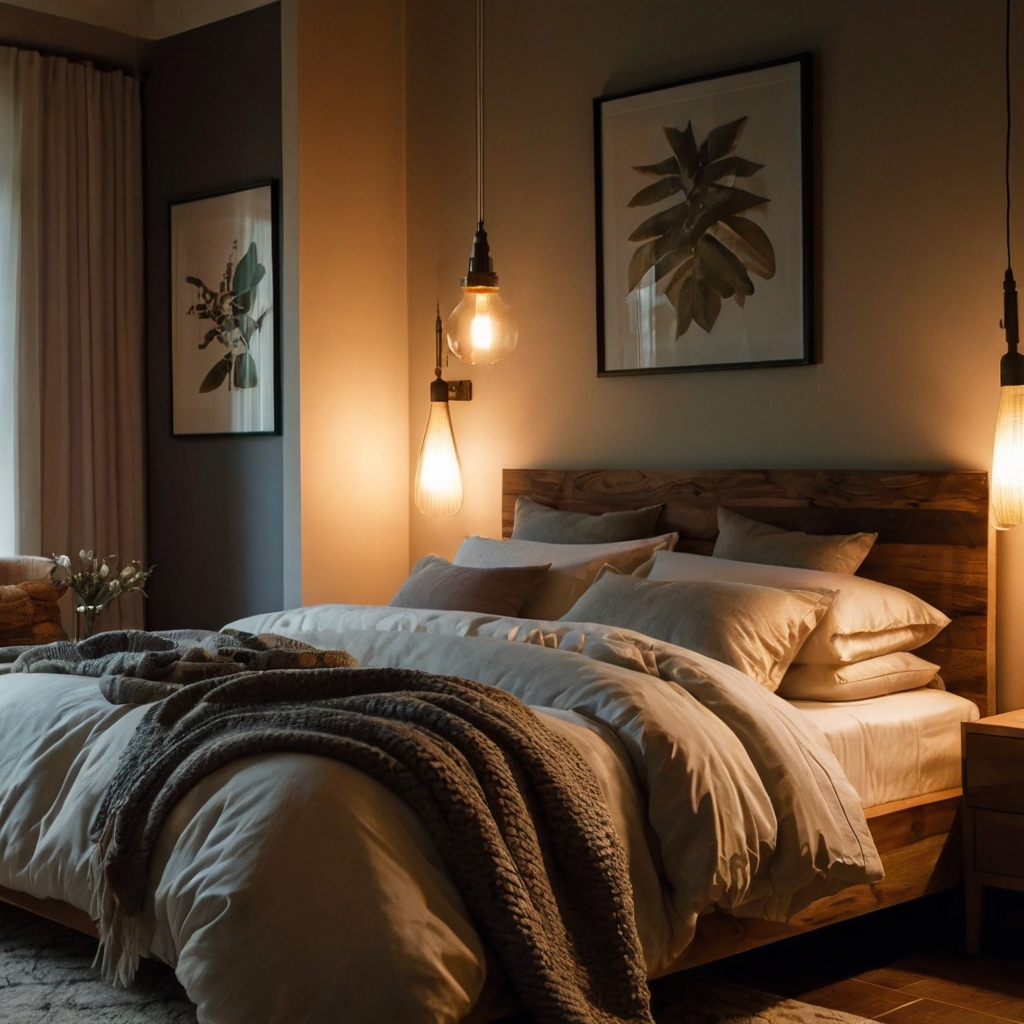 A warm bedroom with soft bedside lamps, fairy lights, and gentle wall sconces casting a cozy glow.