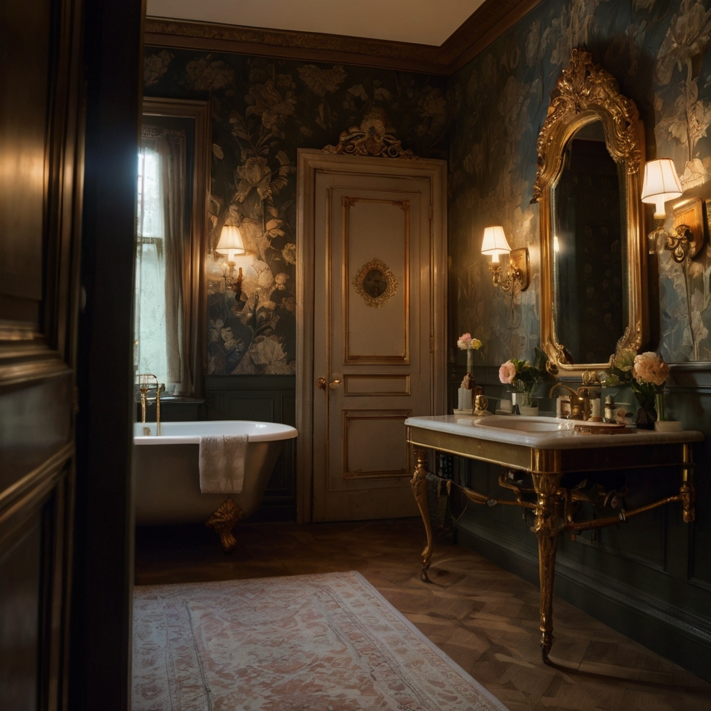 A dimly lit Victorian bathroom with candle-style sconces and a gilded mirror. Subtle antique touches and vintage wallpaper create a dreamy, old-world ambiance.