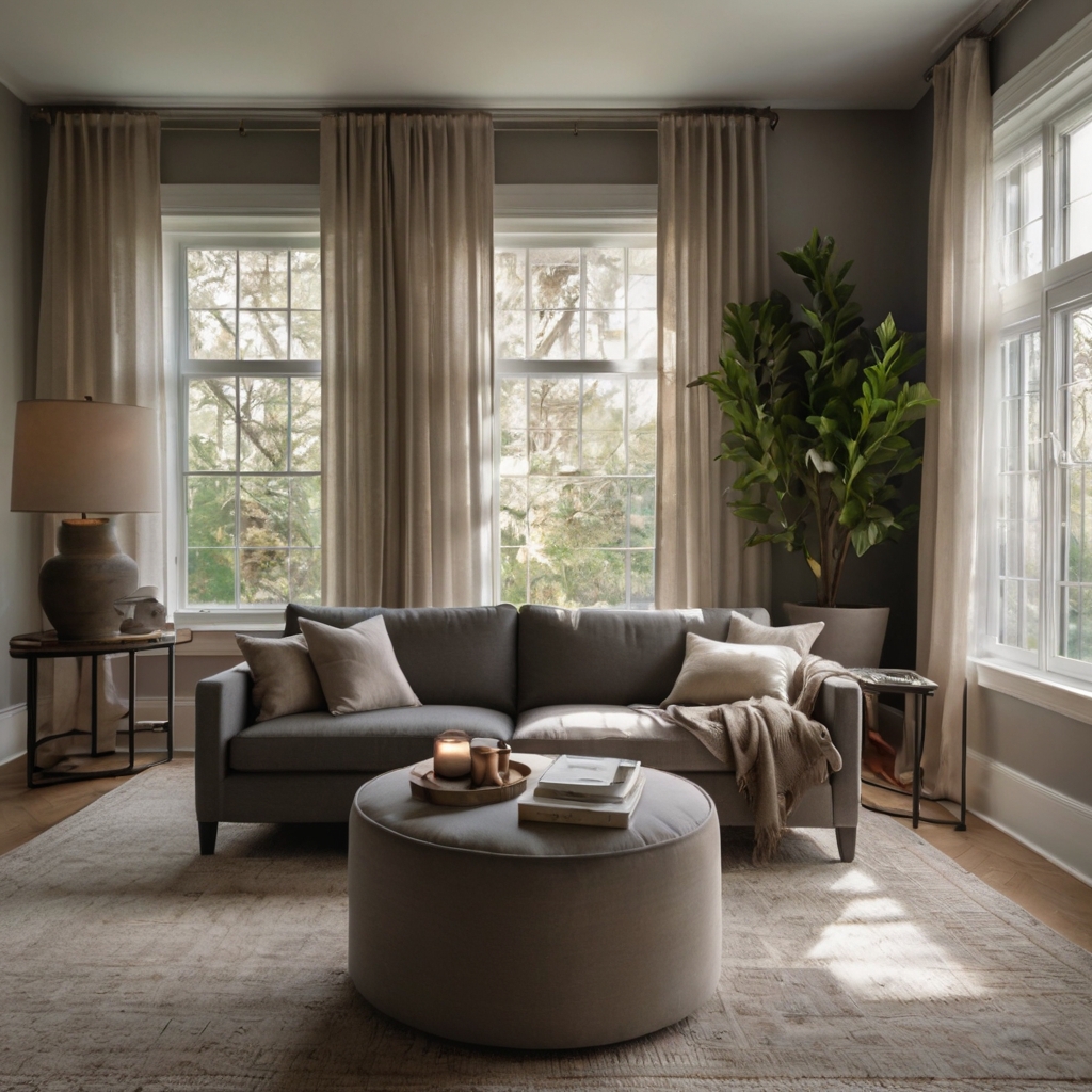 A grey sofa with beige and taupe pillows creates a serene contrast. Sheer curtains and a wool rug add lightness and texture.