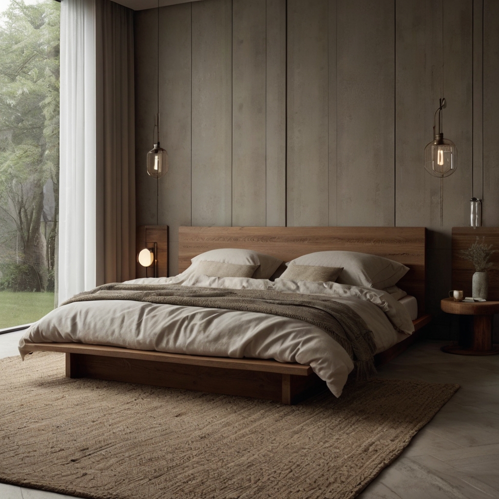 A minimalist bedroom where linen, wool, and brushed wood create soft textures. Natural light enhances the contrast between sleek lines and cozy materials.