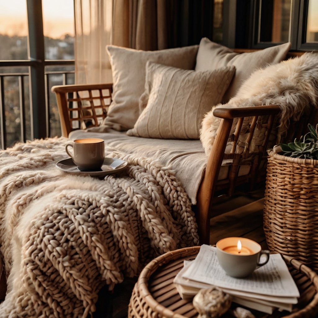 A cozy living room with plush throw blankets draped over furniture, creating a warm, inviting atmosphere. Soft golden light highlights the luxurious textures of knit and faux fur.