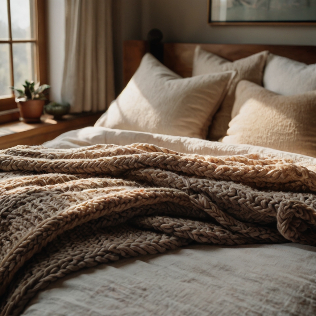 A plush bed layered with soft knitted throws and cozy textured blankets in neutral tones.