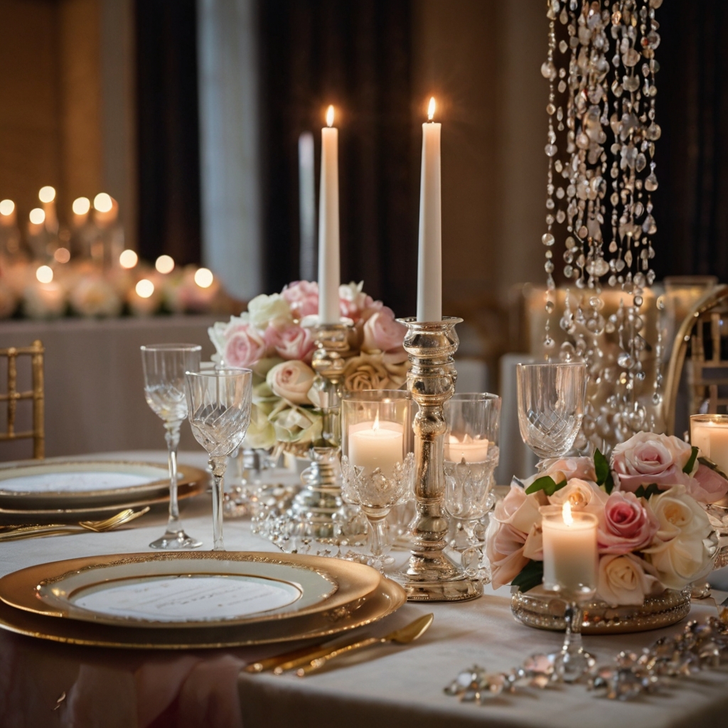 Crystal strands and hanging beads reflecting candlelight, adding an opulent and sophisticated touch.