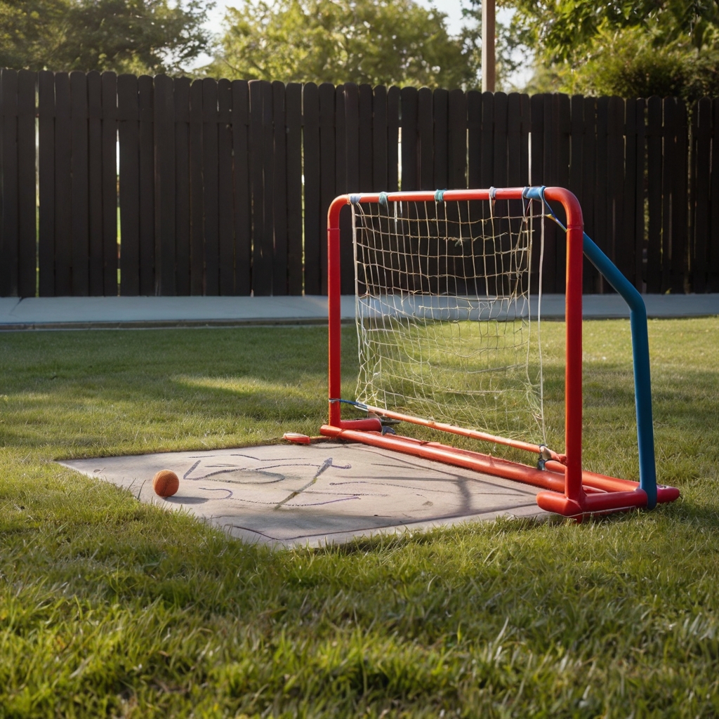 A backyard sports zone with a basketball hoop, badminton net, and hopscotch squares. Kids jump, run, and challenge their agility.