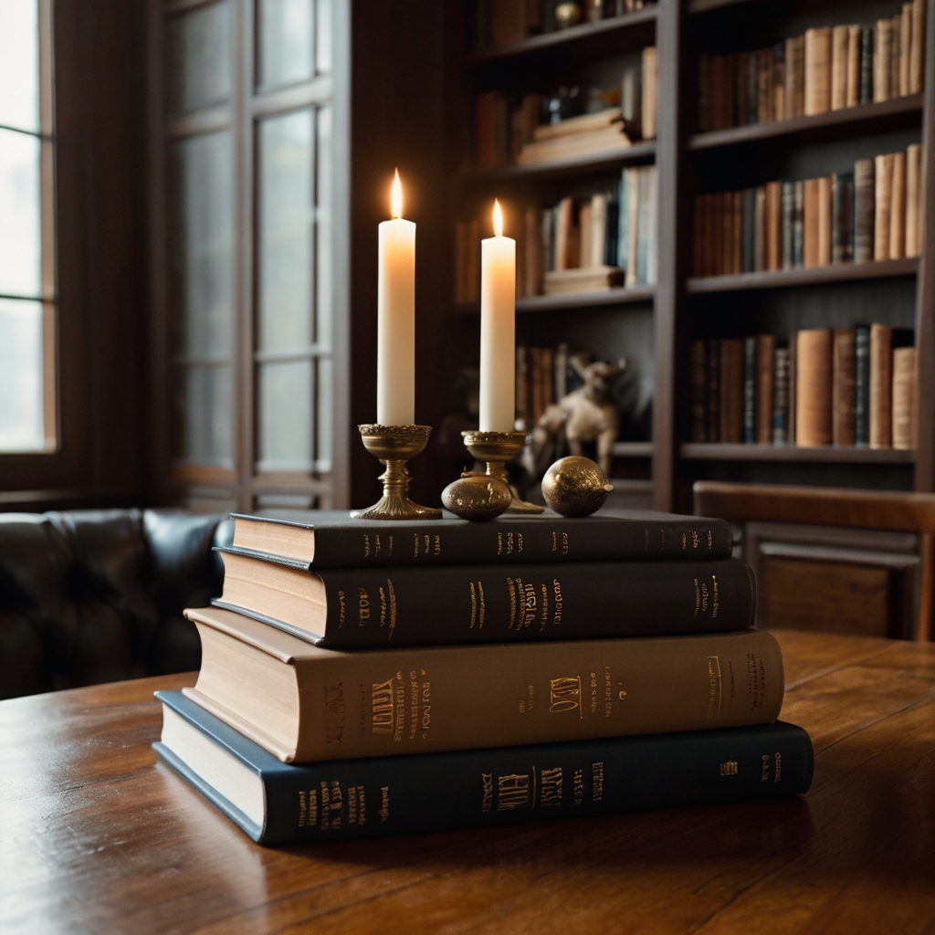 A stack of hardbound books with a candle and figurine sits on a table. Warm sunlight casts soft shadows, adding a cozy, intellectual charm.