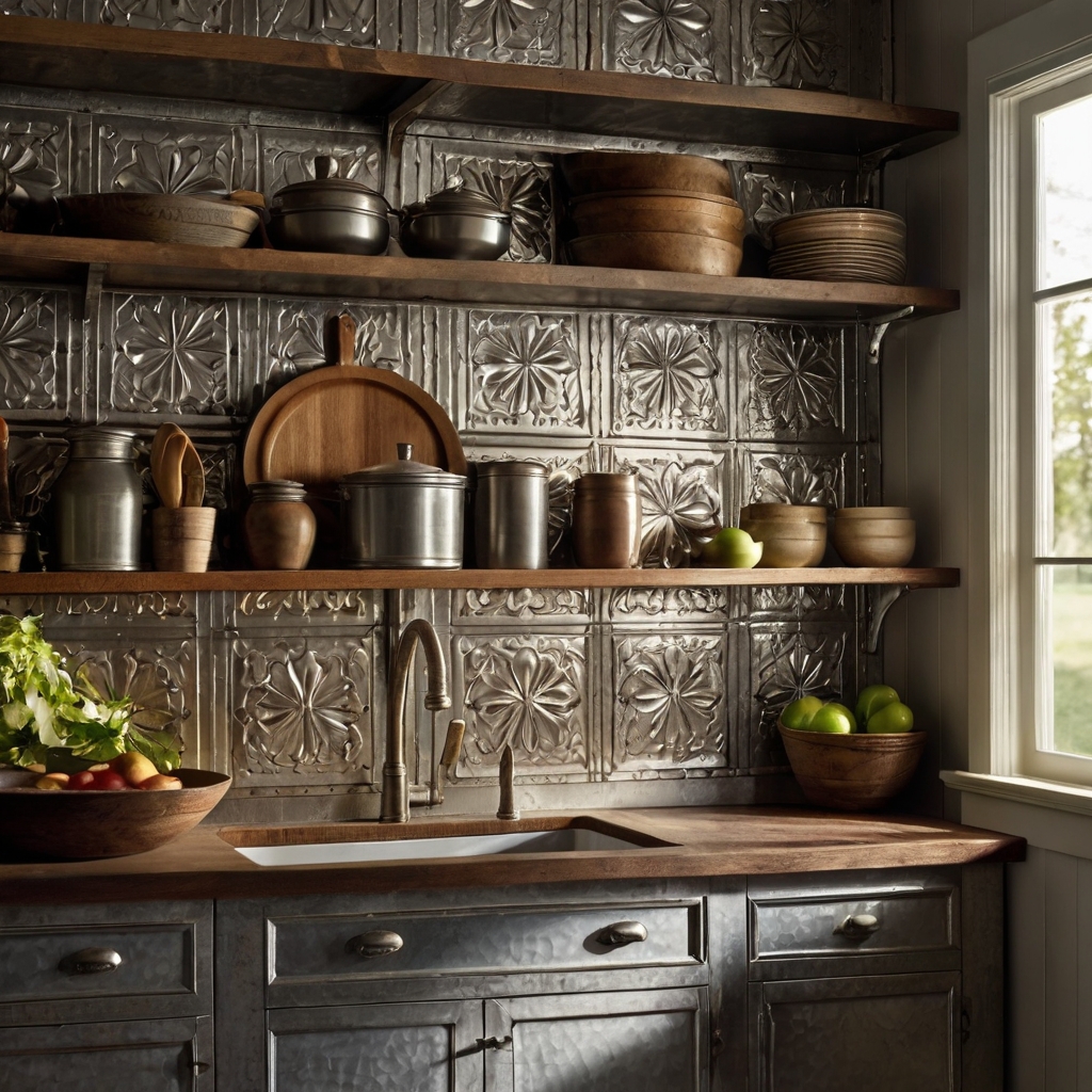 An embossed tin backsplash in a farmhouse kitchen with open wooden shelves. Sunlight enhances the weathered metallic texture, adding vintage charm.