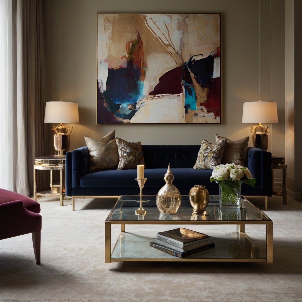 A striking abstract painting dominates a neutral-toned living room wall. Subtle lighting highlights its rich textures, enhancing the artistic atmosphere.