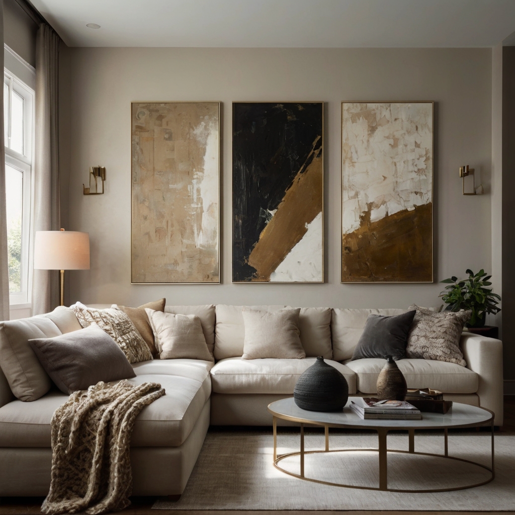 A bold, oversized painting mounted above a neutral-toned sofa. The striking colors complement the minimalist decor.