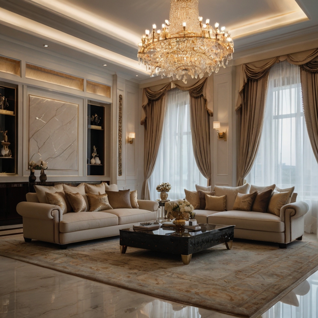 An intricate coffered ceiling with gold accents adds grandeur to the space. Soft lighting enhances the architectural details, creating a luxurious ambiance.