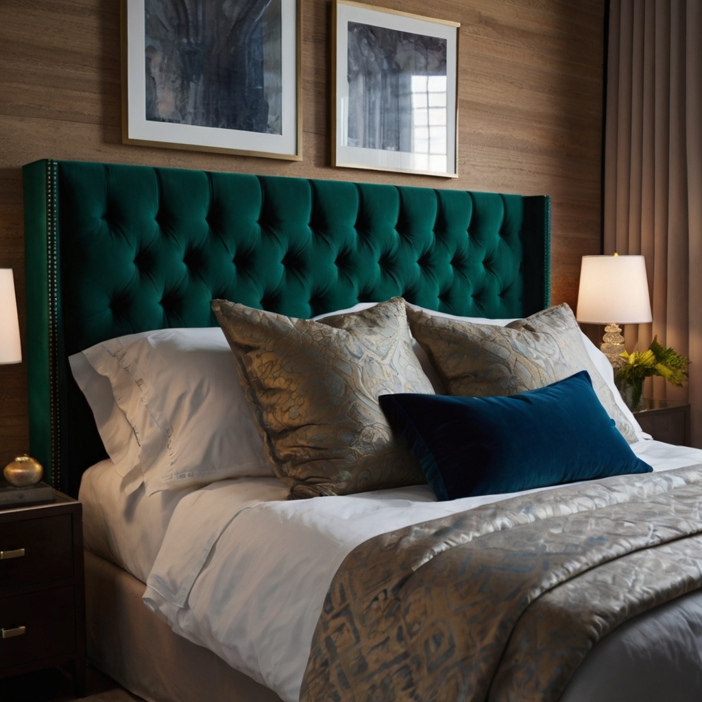 A bold upholstered headboard in deep tones, elevating the bedroom’s luxurious appeal.