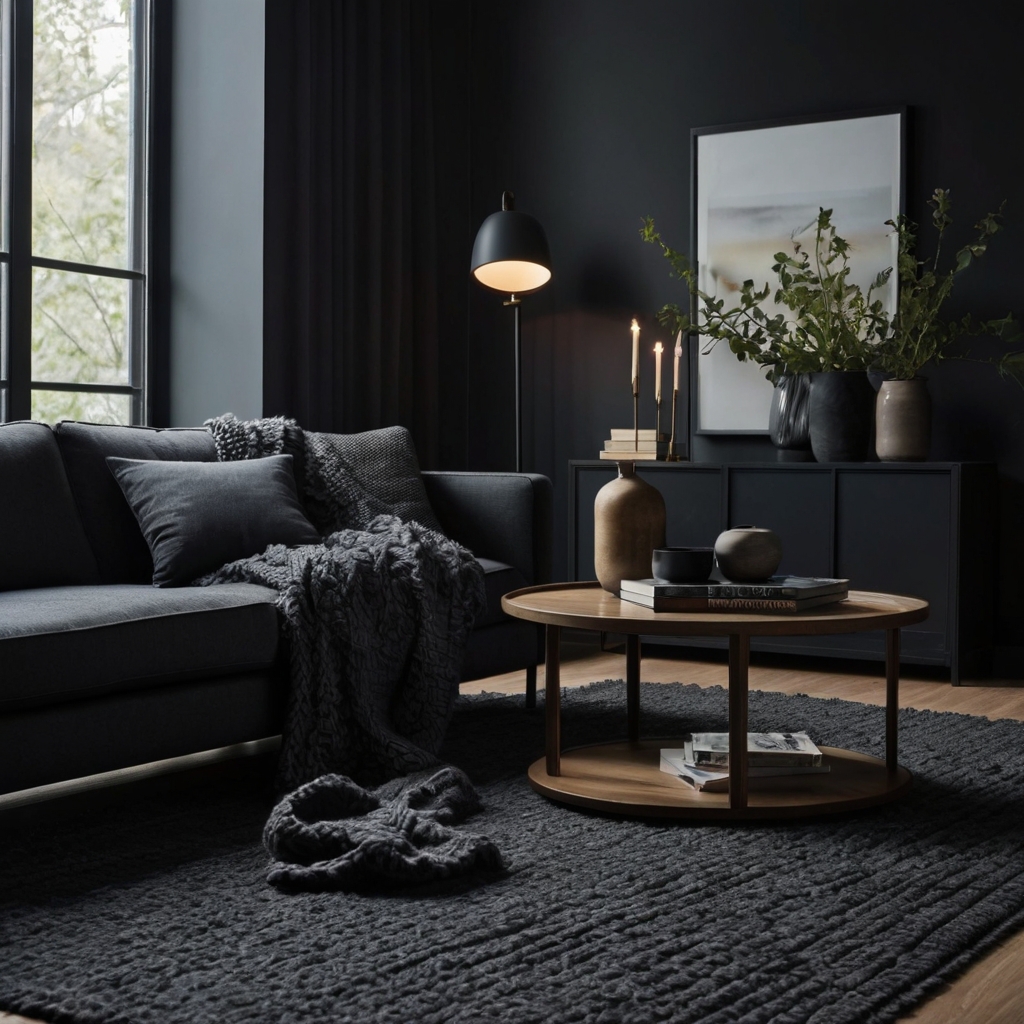 A grey velvet sofa pops against a deep navy wall with jewel-toned accents. A brass floor lamp casts a soft golden glow over the space.