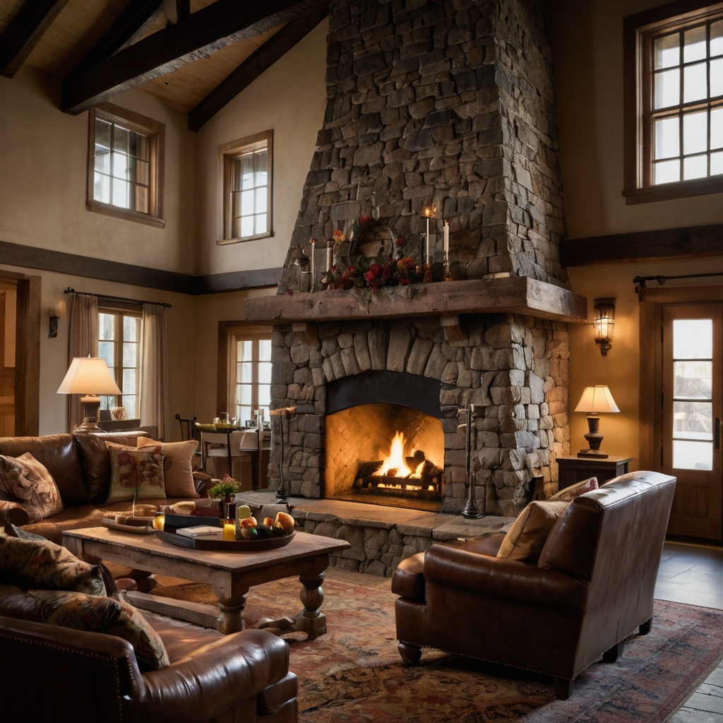 A grand stone fireplace with roaring flames, framed by rustic wooden beams. Soft evening lighting casts warmth across the rugged stone textures.