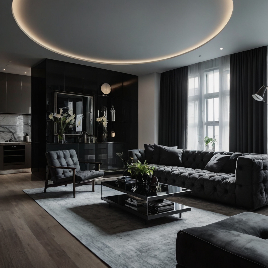 A grey sofa contrasts with bold black-framed artwork and dark décor. Spot lighting adds depth to the edgy, refined space.