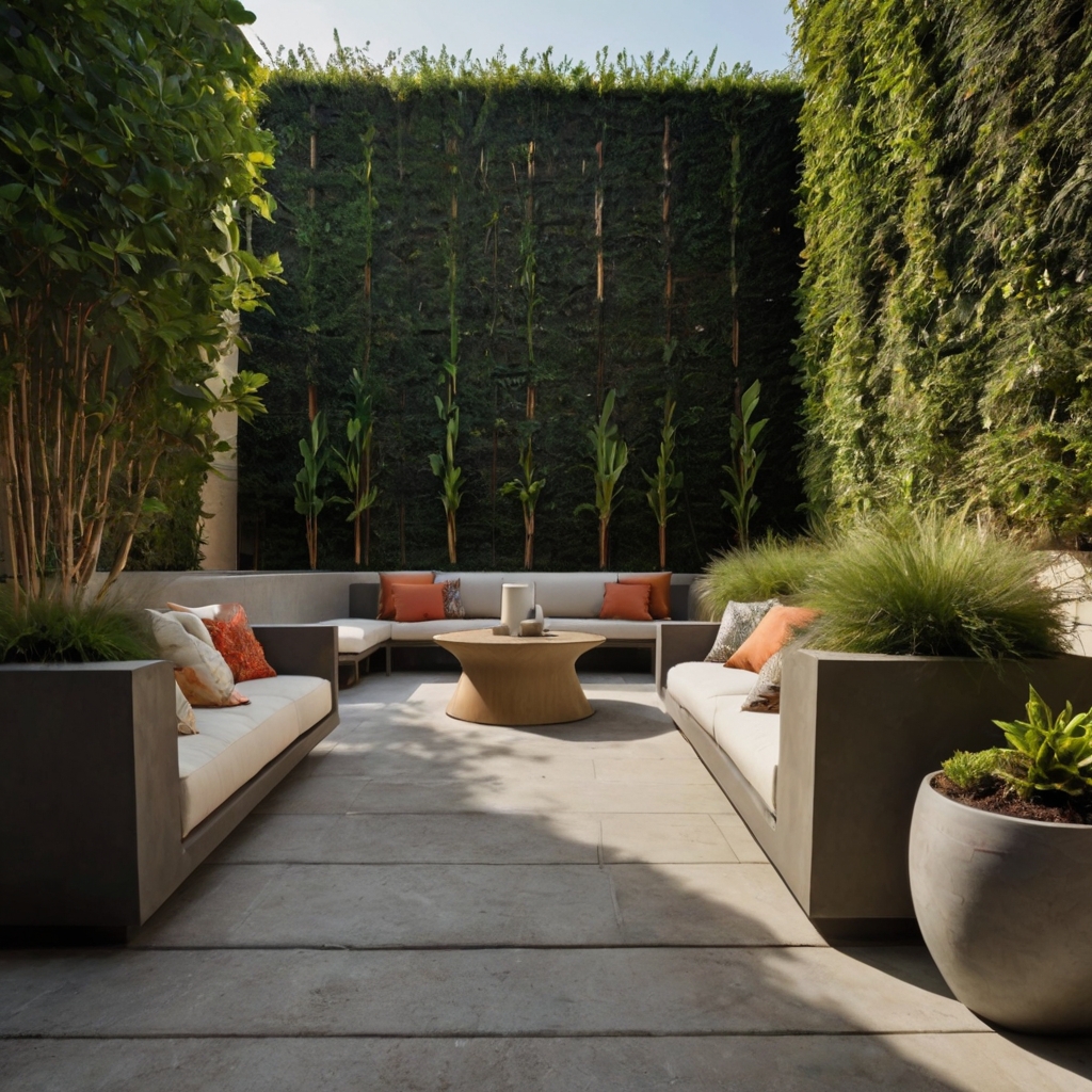 A modern balcony adorned with unique ceramic and concrete planters in bold shapes. Lush greenery and vibrant flowers add contrast and personality to the space.