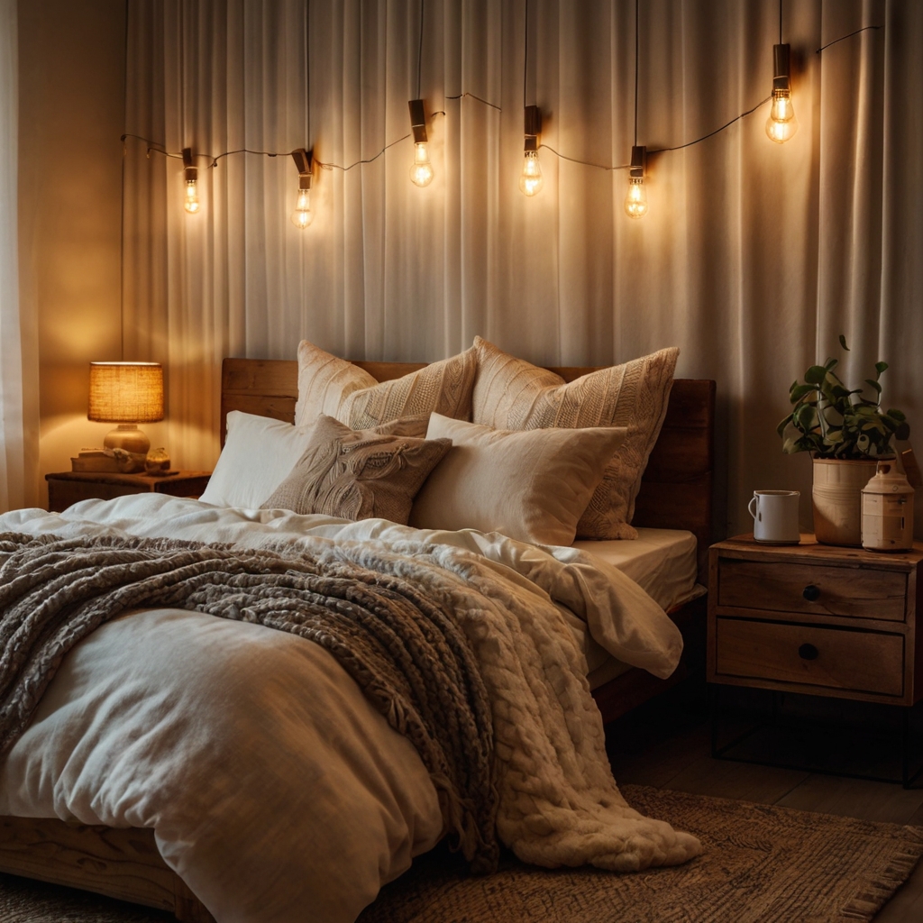 Soft golden string lights draped over a cozy bed frame, creating a dreamy and warm atmosphere. The dim glow adds a magical touch to the serene bedroom setting.