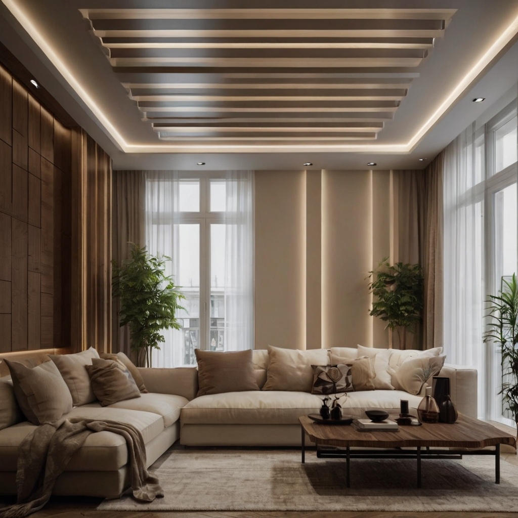 A striped ceiling creates an illusion of height while adding character. Alternating soft tones add visual interest without overwhelming the space.