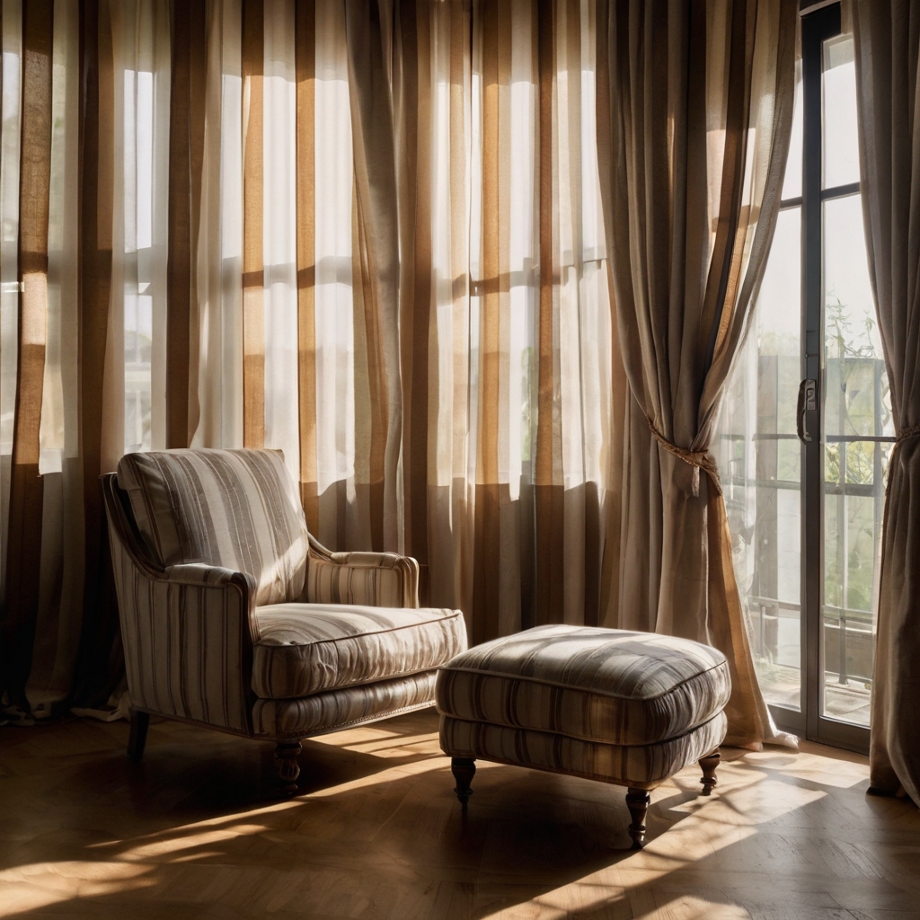Floor-length striped curtains diffuse natural light beautifully, adding depth and texture. Their timeless design complements both modern and classic interiors.