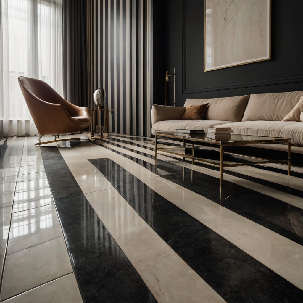 Striped floor tiles enhance interiors with a stylish and modern appeal. Their contrasting tones create depth and a sense of movement.