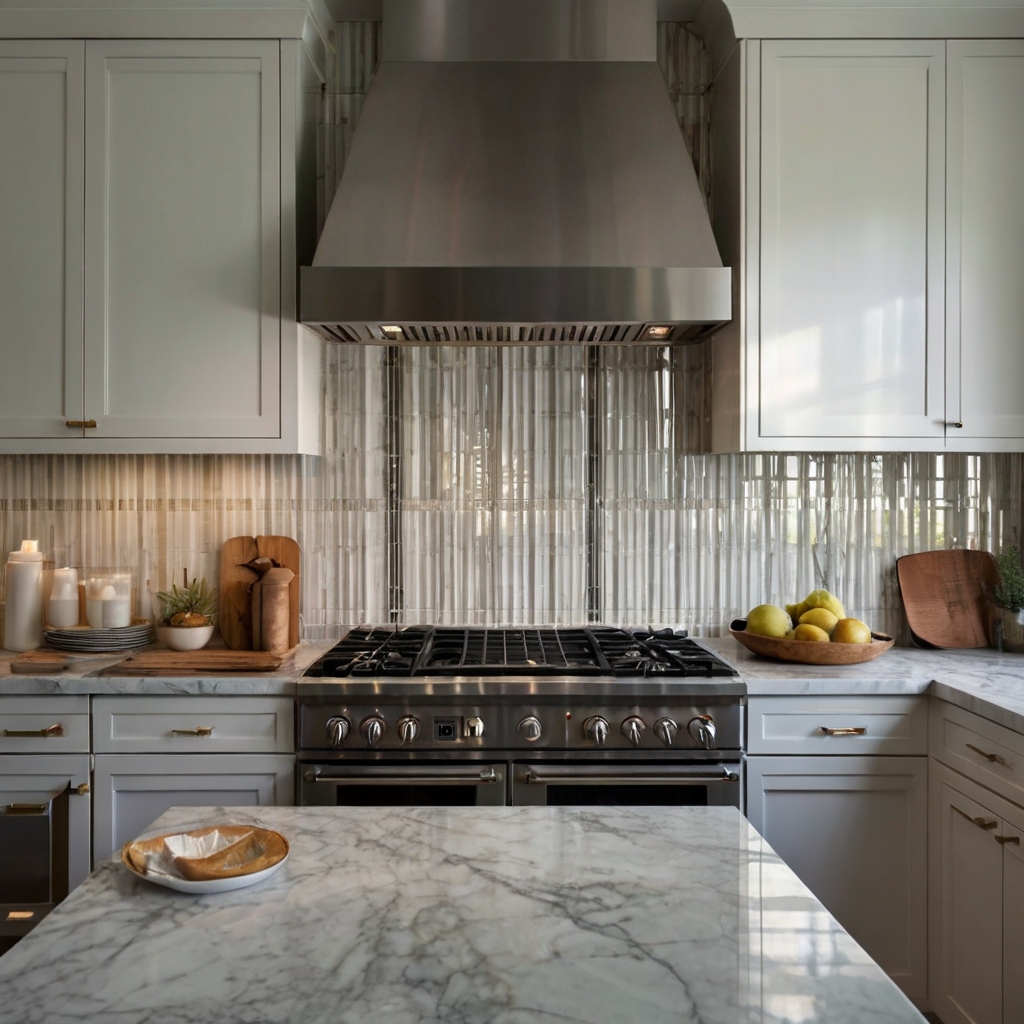 A striped tile backsplash enhances kitchen walls with a sleek, modern touch. Its alternating tones create depth while complementing various kitchen designs.