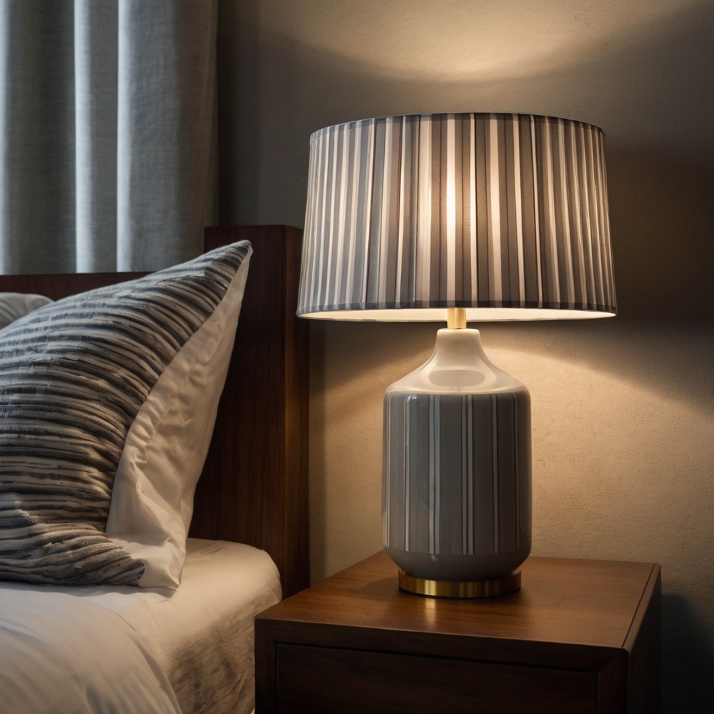 Striped lampshades diffuse light softly, adding a subtle decorative accent. Their pattern brings visual interest while maintaining a cozy atmosphere.