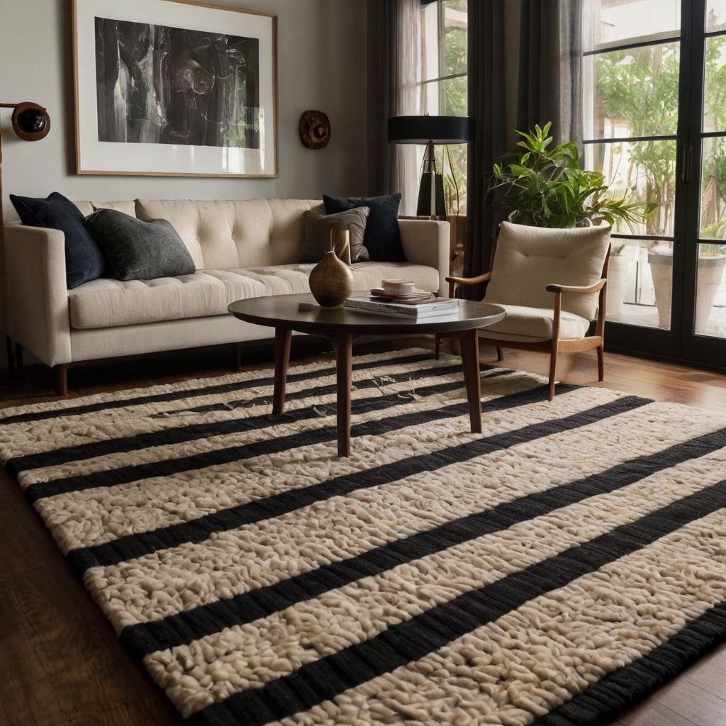 A bold striped rug grounds the room, adding structure and warmth. The pattern enhances floor space while creating a cozy and stylish ambiance.