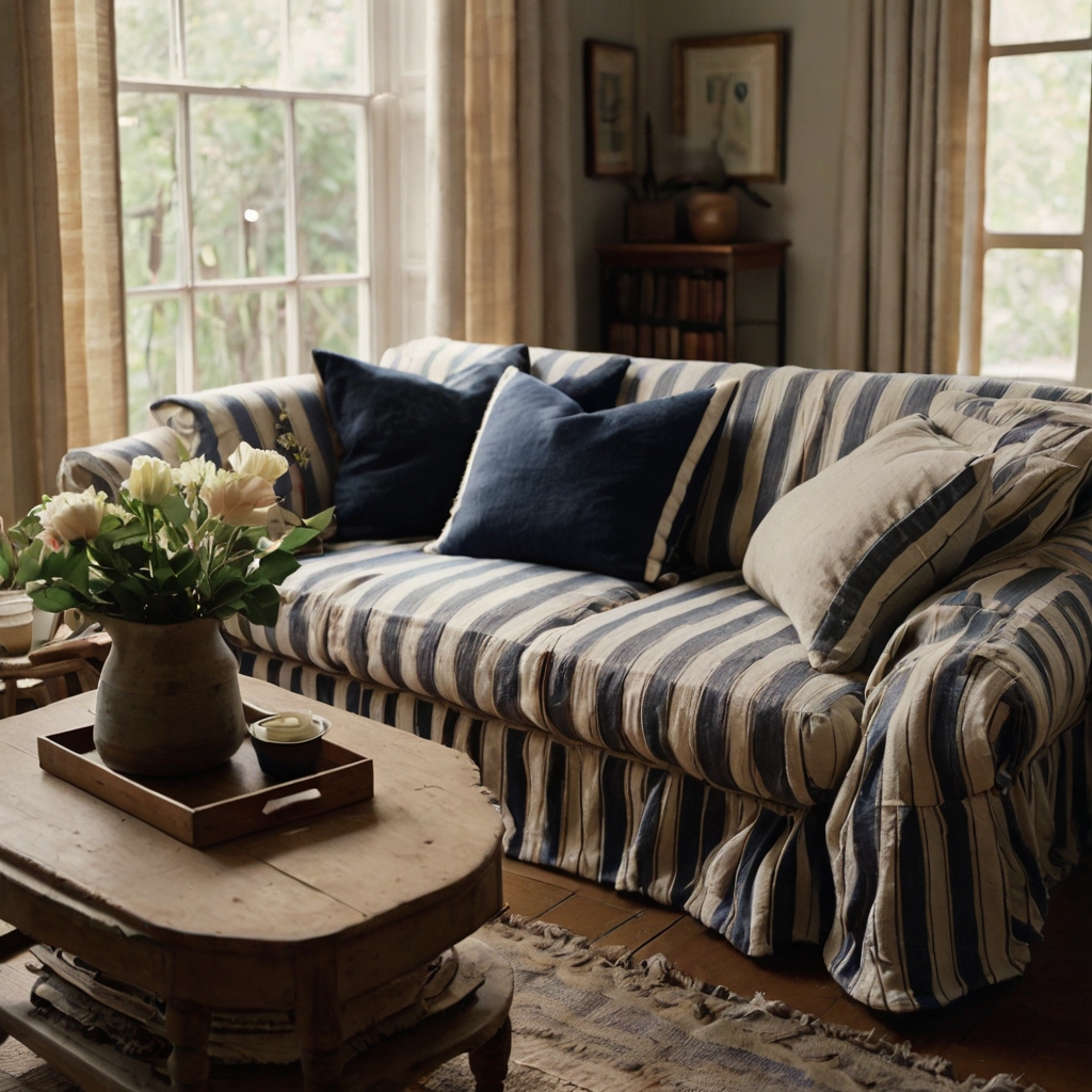 A striped sofa cover blends comfort with elegance, featuring a mix of neutral and bold shades. Its simple design instantly refreshes any space.