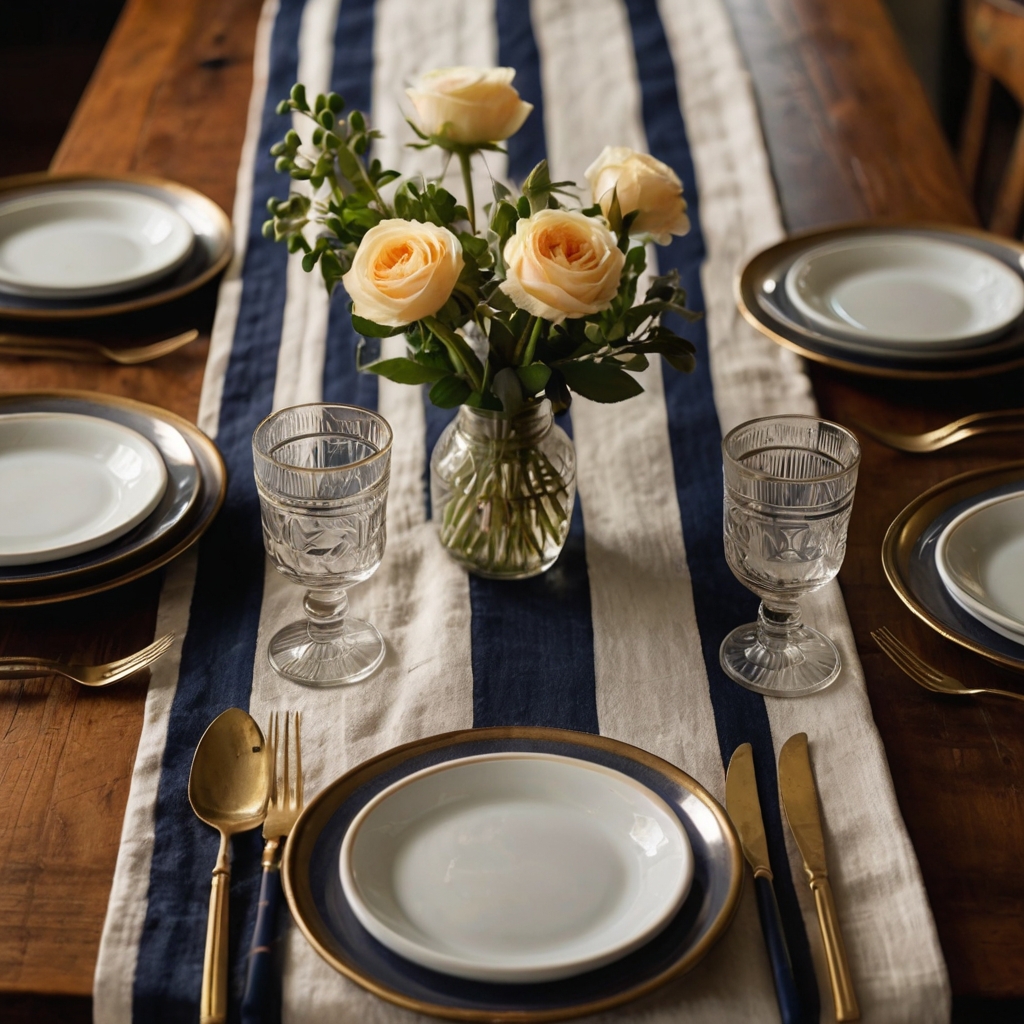 A striped table runner enhances dining spaces with a touch of sophistication. The contrasting lines add texture while keeping the setup simple yet stylish.