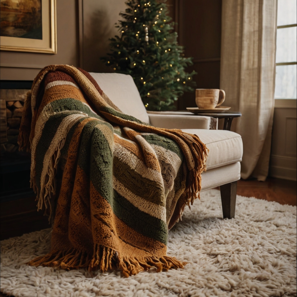 A cozy striped throw blanket adds warmth and texture to sofas and beds. Its simple yet elegant design complements various home decor styles.