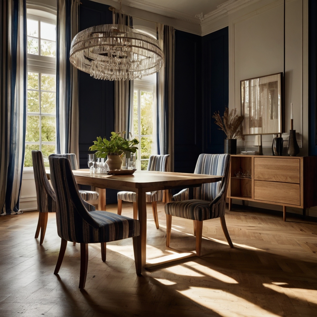 Striped upholstered chairs elevate dining spaces with timeless charm. The soft fabric and clean lines blend seamlessly with different decor styles.
