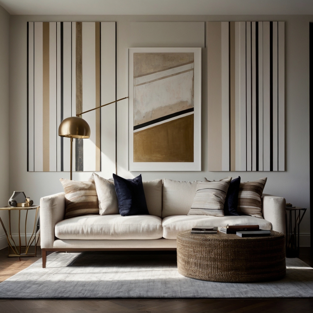 Striped wall art brings a contemporary edge to interiors, creating visual movement. Abstract or structured lines add depth to minimalist spaces.