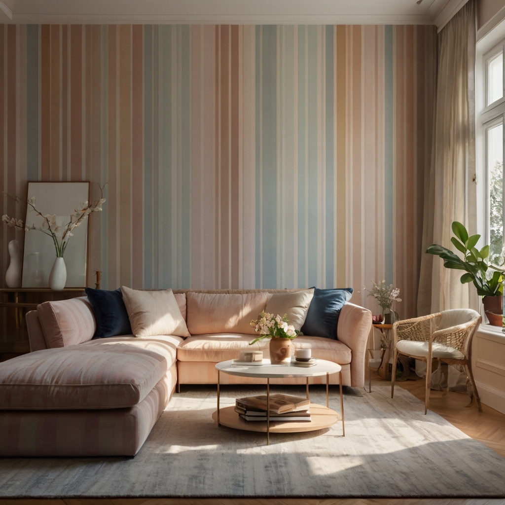 Striped wallpaper in soft pastel tones adds charm and spaciousness to any room. The alternating lines create a balanced and stylish backdrop.