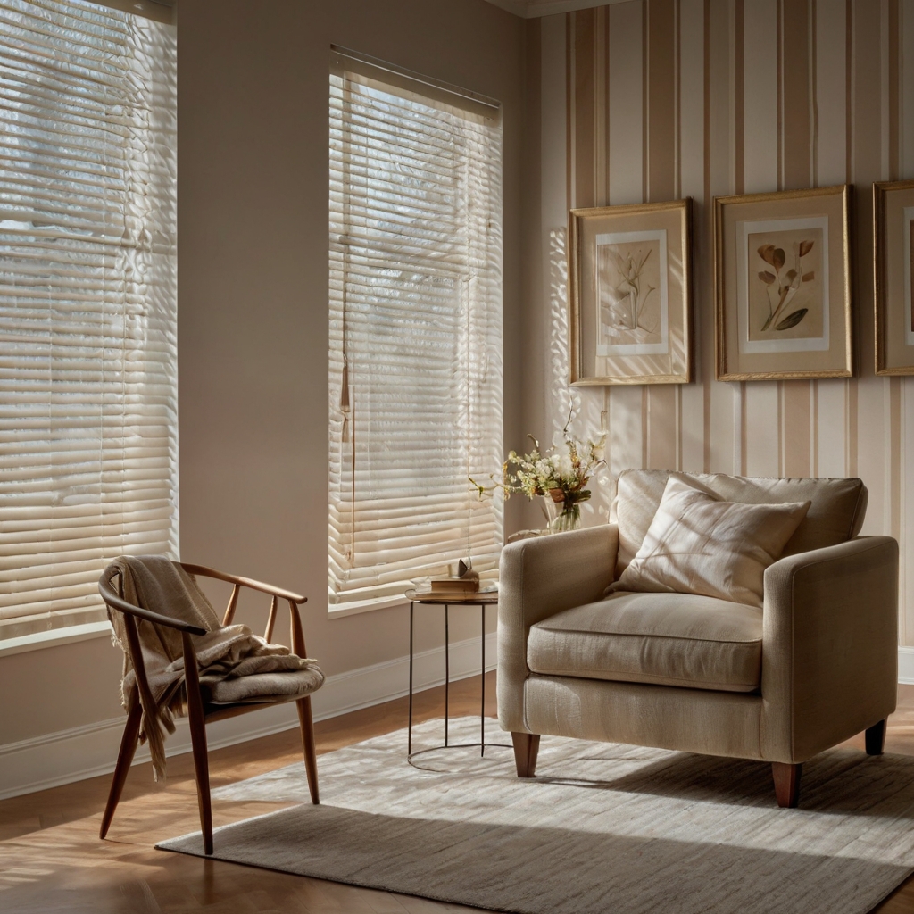 Striped window blinds filter sunlight gracefully, offering both privacy and style. Their neat, alternating patterns suit any modern living space.