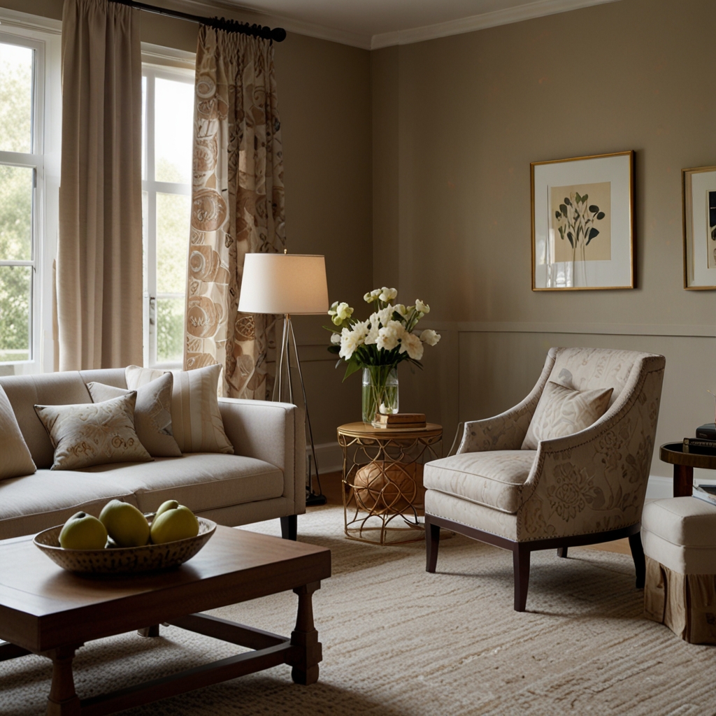 Delicate geometric and floral patterns bring texture to a neutral-toned room. A cozy sofa with embroidered pillows enhances the refined elegance.