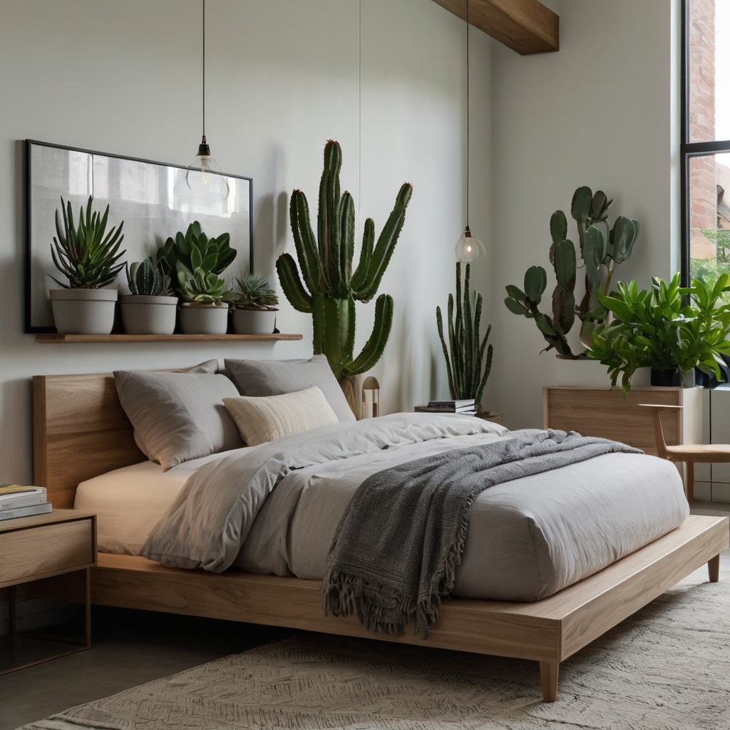 A modern minimalist bedroom with linear succulents in ceramic pots. Soft daylight floods the space, enhancing the fresh, botanical atmosphere.