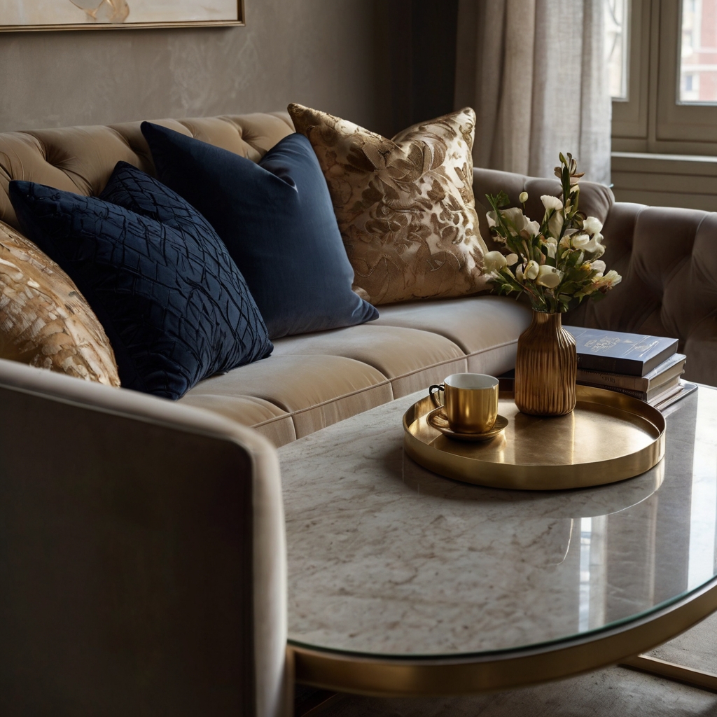 Elegant throw pillows in silk, velvet, and linen adorn a plush sofa. Their rich textures and warm hues add a touch of soft luxury.