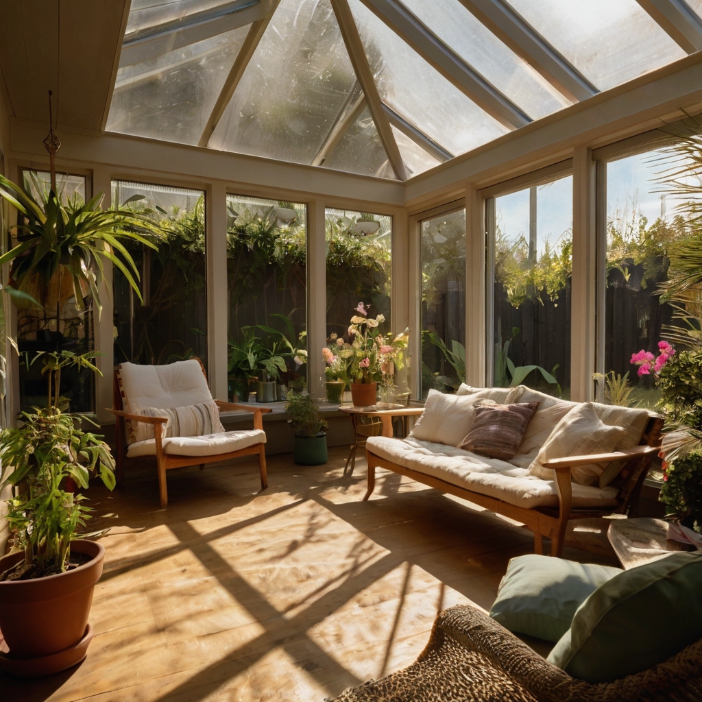 A bright sunroom with wide glass doors, a cozy reading nook, and golden sunlight streaming across wooden floors.
