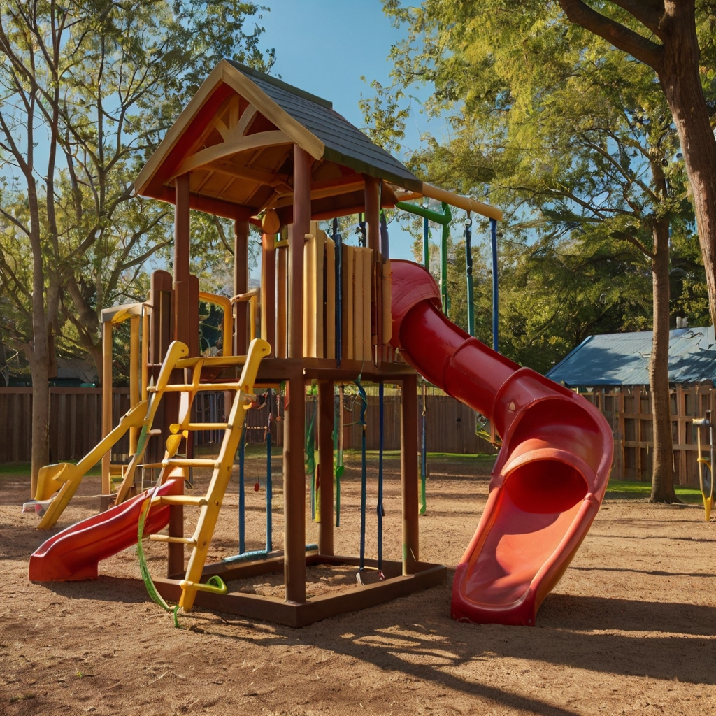 A playful backyard with wooden swings and a twisting slide. Children soar high, giggling with each joyful movement.