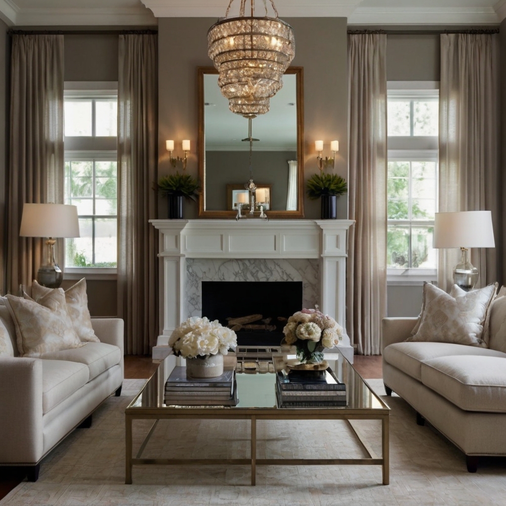 A perfectly symmetrical arrangement of sofas, tables, and lighting exudes harmony. A large mirror reflects natural light, enhancing spaciousness.