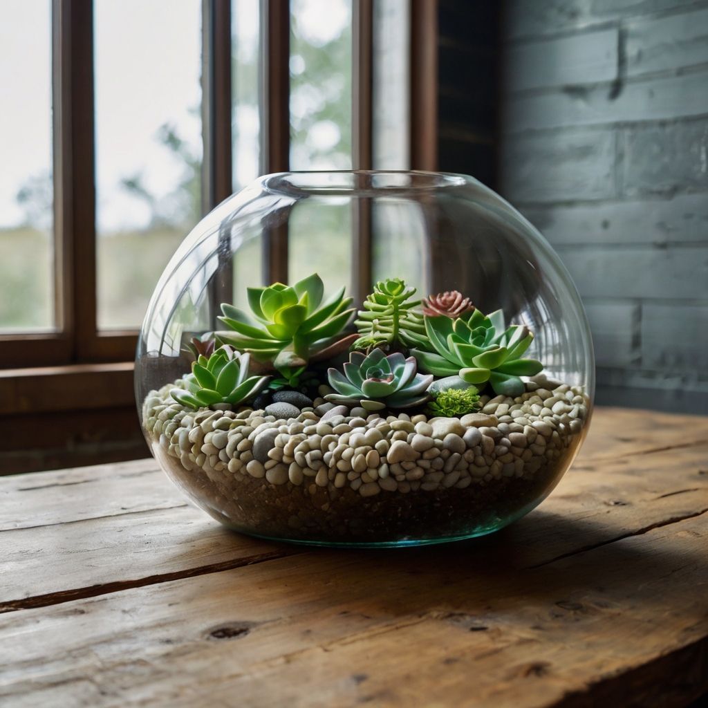 A glass terrarium filled with succulents sits on a wooden table. Smooth river rocks add a natural, modern touch to the centerpiece.