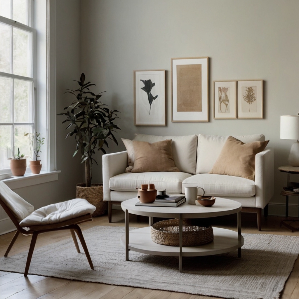 A serene sitting area with a simple loveseat, neutral tones, and a sleek round coffee table. Minimal decor and soft lighting create a calm, uncluttered ambiance.