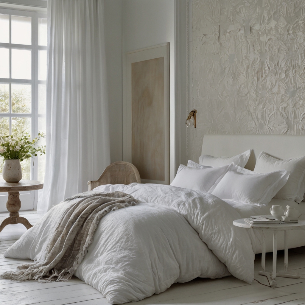 An all-white minimalist bedroom bathed in soft natural light from a large window. Sheer curtains and a plush white duvet enhance the airy, elegant feel.
